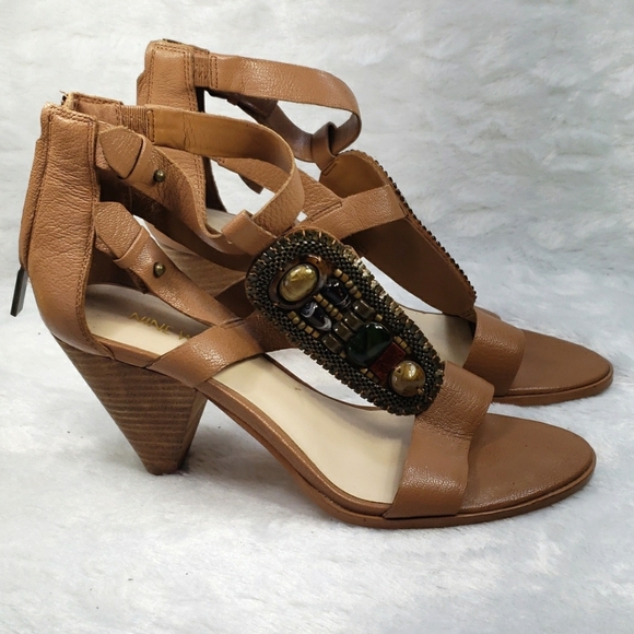 Nine West Reese Heels Women Brown leather Beaded Sandal Strap Back Zip Size7.5 - Picture 2 of 10
